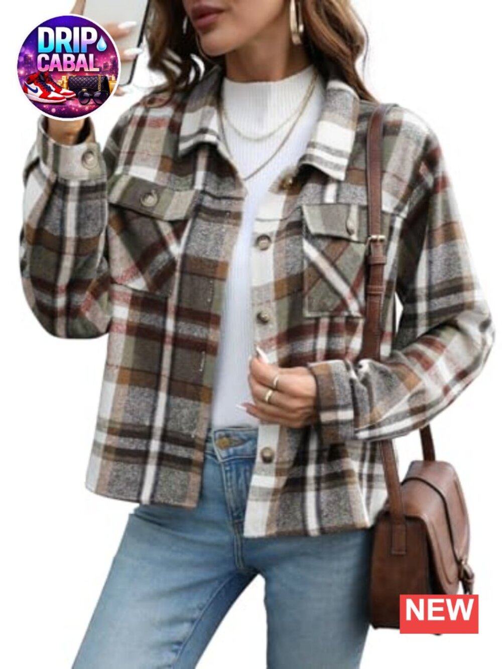 Cropped Flannel Shacket Plaid Button Down Long Sleeve Jacket Tops
